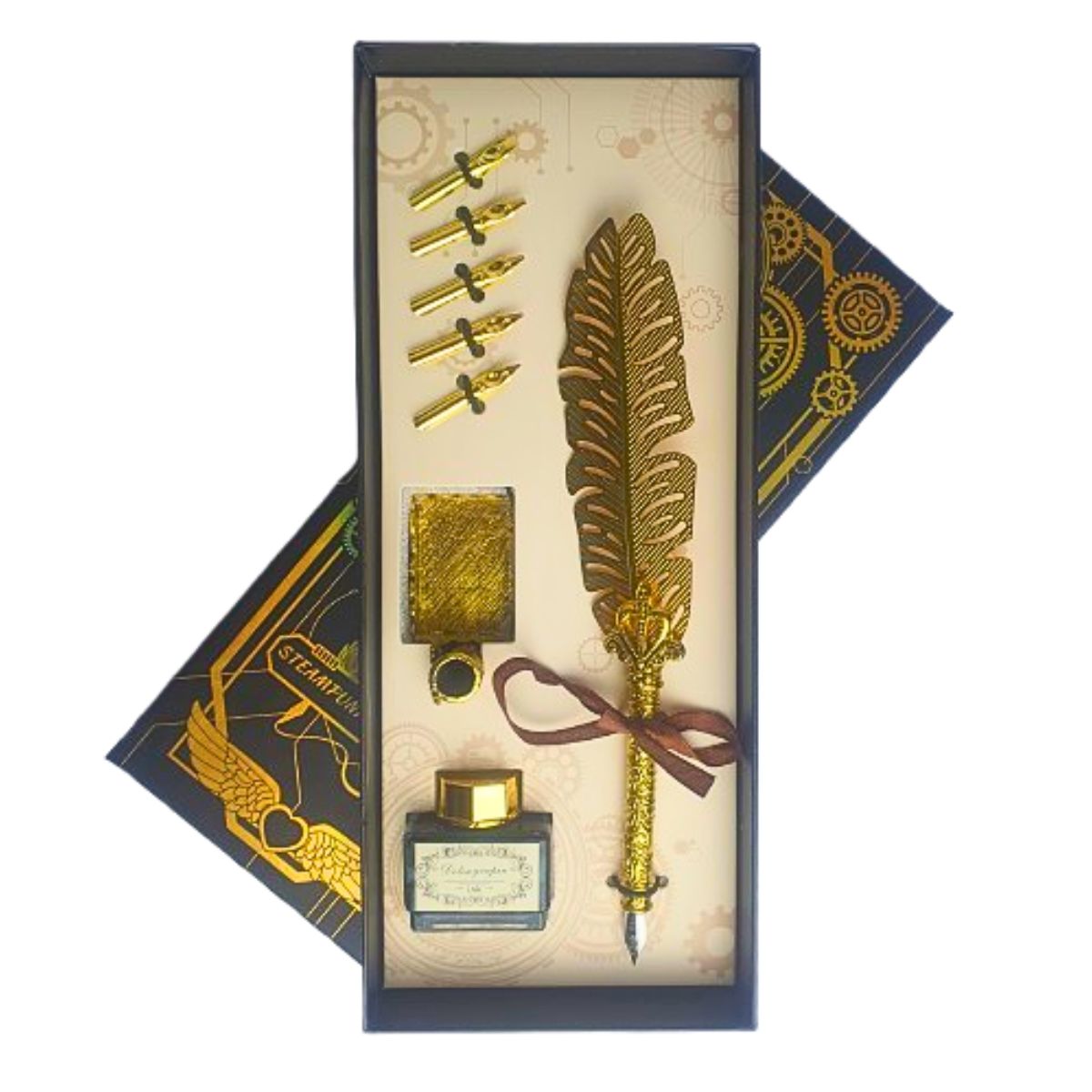 Kit Caneta Tinteiro Pena Dourado Com Tinta E Suporte - M5 Kit Caneta Tinteiro Pena Dourado Com Tinta E Suporte - M5